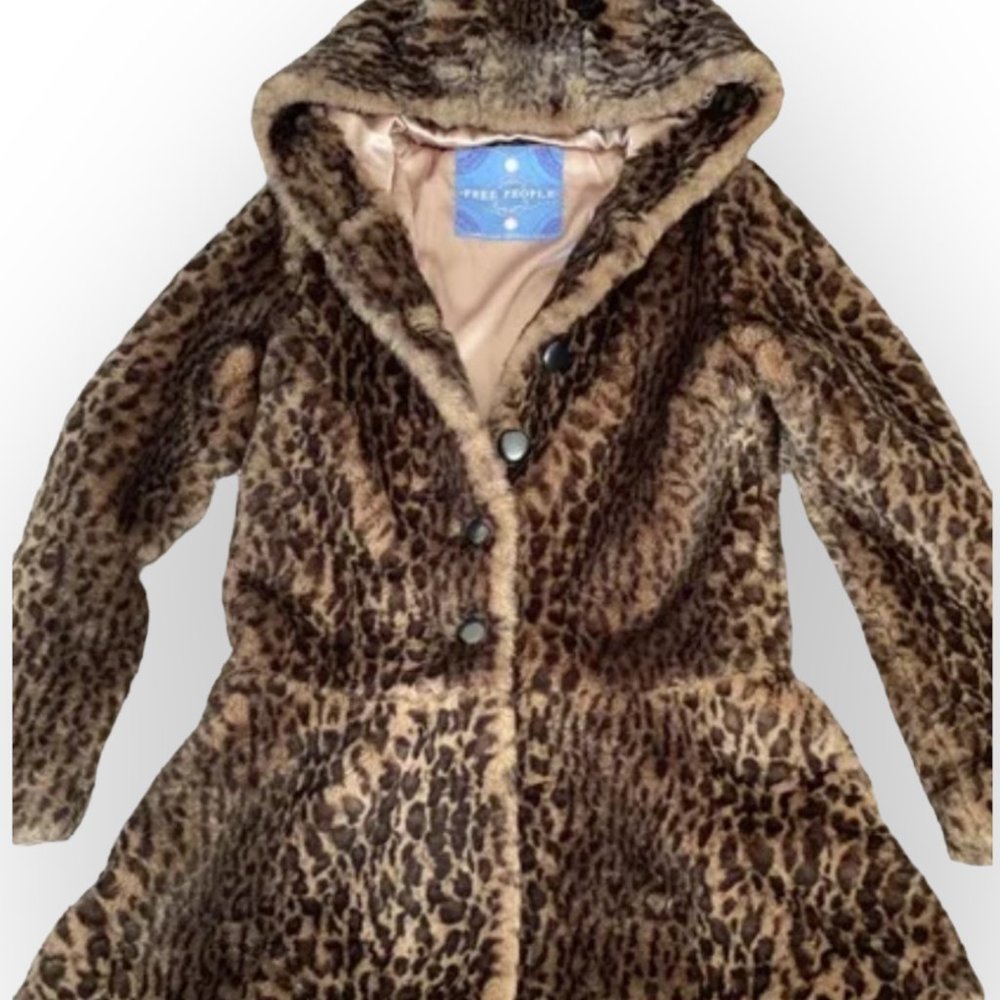 Free People About Town Faux Fur Leopard Print Coat, Sz. Small (NWOT)